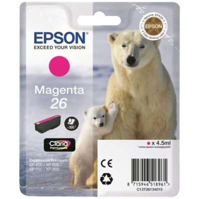 Epson Polar Bear 26 Claria Premium Ink, Ink Cartridge, Magenta Single Pack, C13T26134010 Epson Polar Bear 26 Claria Premium Ink, Ink Cartridge, Magenta Single Pack, C13T26134010